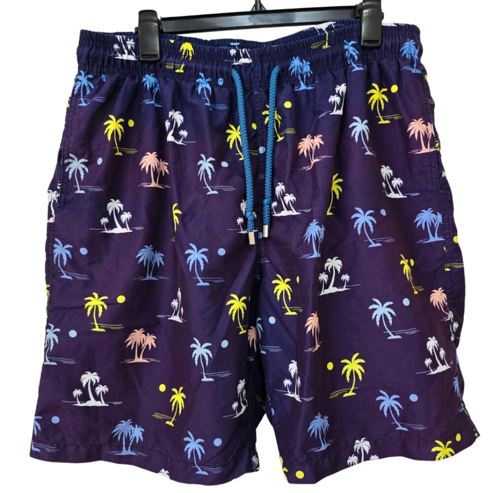 Kailua Surf Men's Blue/Purple Swim Shorts Palm Tree Pattern w. Pockets Size XL